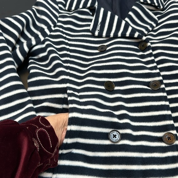 Lands End Striped Fleece Double Breasted Jacket Medium 10-12 Pockets Nautical - Picture 5 of 11